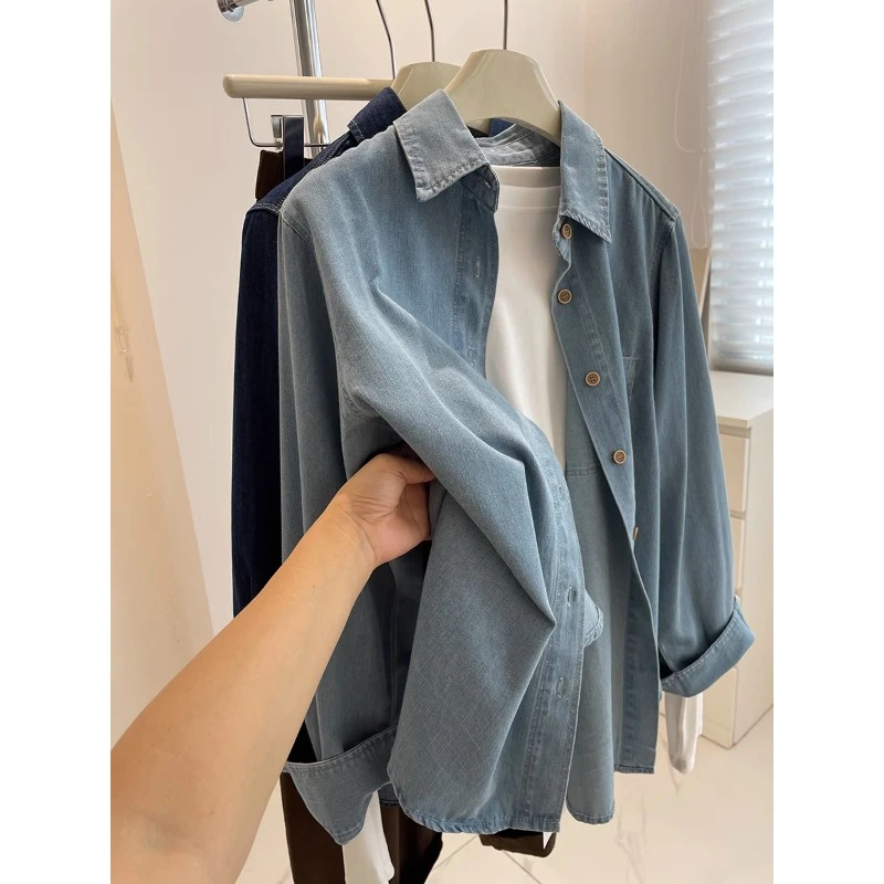 深浅两色牛仔衬衫女！秋冬复古百搭显瘦叠穿内搭长袖衬衣休闲外套