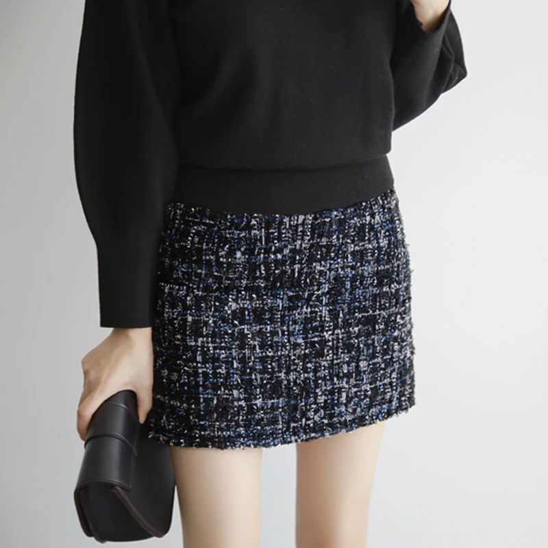 小香风粗花呢短裙半身裙女秋冬裙子黑色亮片半裙秋冬打底裙包臀裙