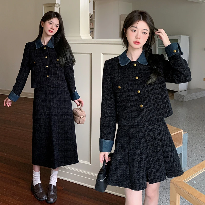 【小曹大码】小香风假两件牛仔拼接外套百褶裙长裙套装-DNS8937