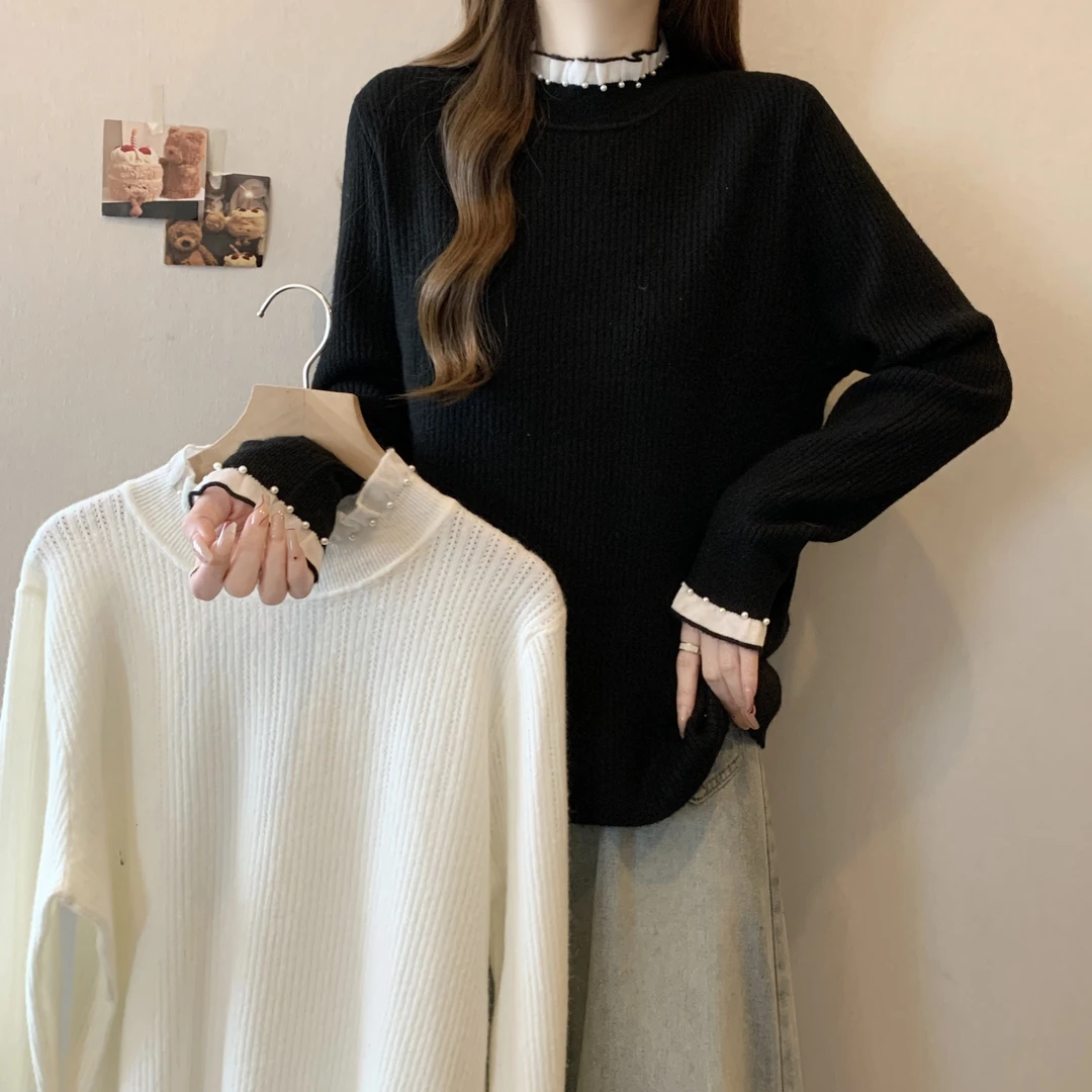 【小曹大码】小香风木耳边半高领打底针织衫毛衣-ZMDM3907