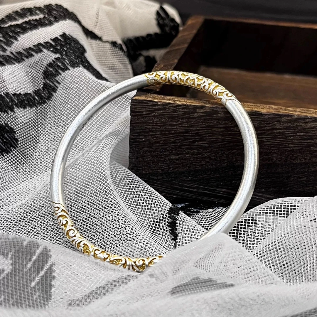 足银手镯 A16卷草纹描金纯银手镯女款闭口镯新中式高级感送礼物