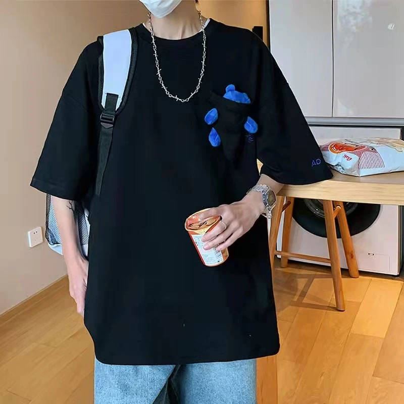 潮牌夏季不规则口袋小熊宽松百搭T恤男女同款高街休闲短袖ins