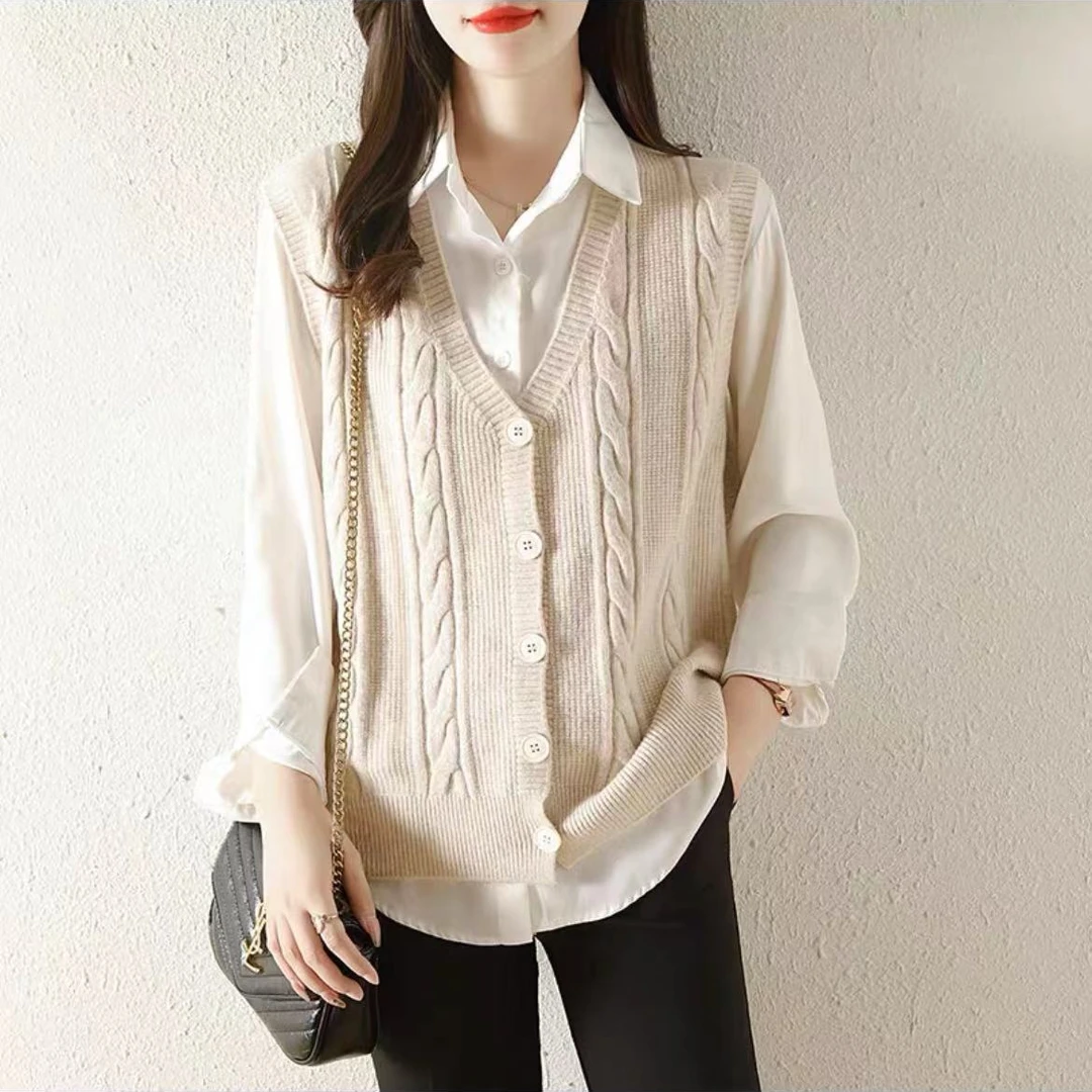 【杏色百搭开衫马甲】新款时尚百搭洋气立体编织针织马甲