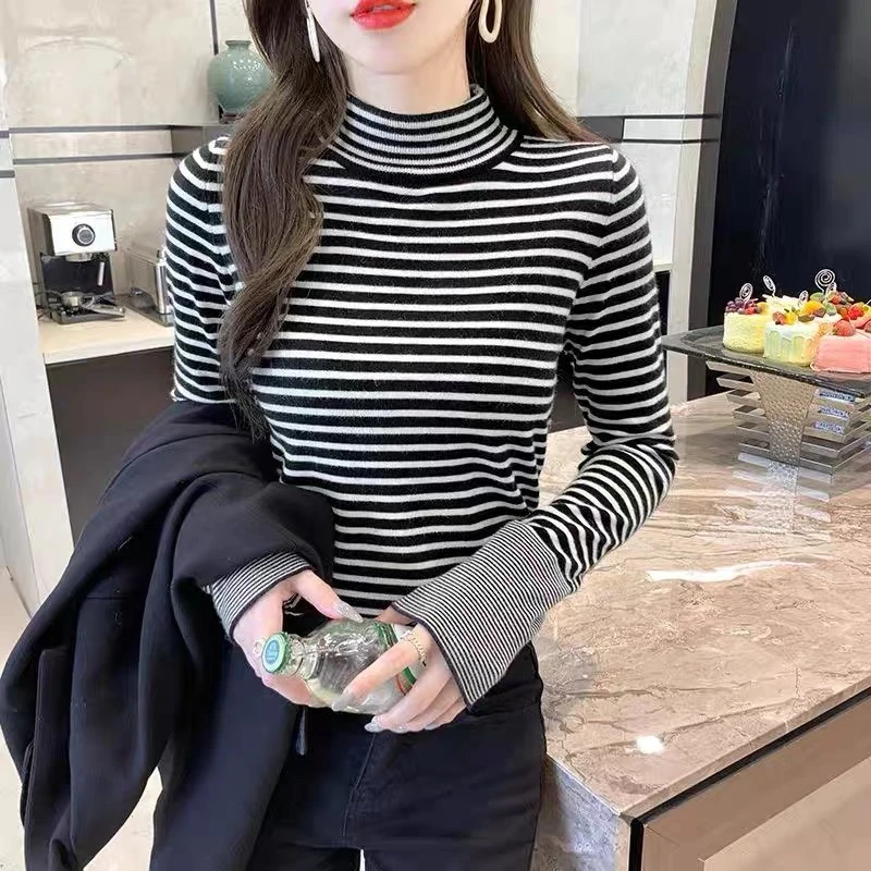 【黑白条纹打底】新款修身重工针织衫打底衫百搭洋气