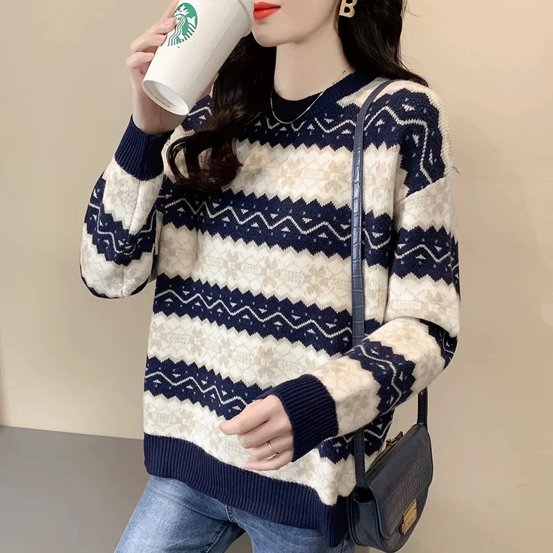【雪花毛衣藏青】2024新款时尚百搭立体编织保暖针织毛衣