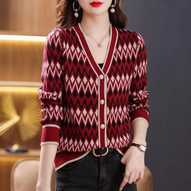 【珍珠菱格拼色开衫红色】秋季新款重工双面提花针织衫开衫