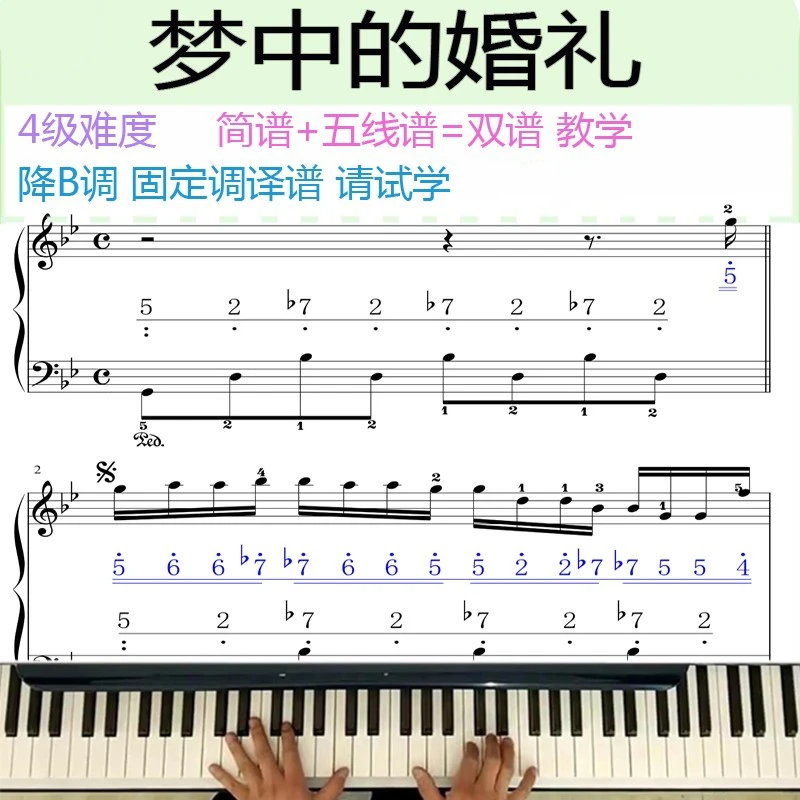 原版梦中的婚礼钢琴教学视频简谱五线谱同步双谱固定调降B调