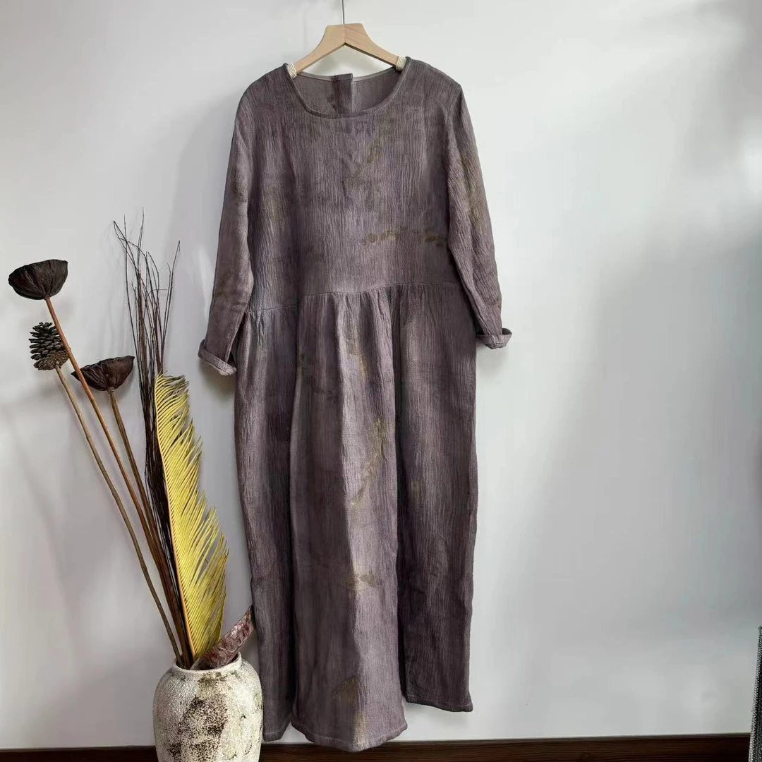 妤然秋冬新款植物染设计款长袖连衣裙宽松版型显瘦精致气质款