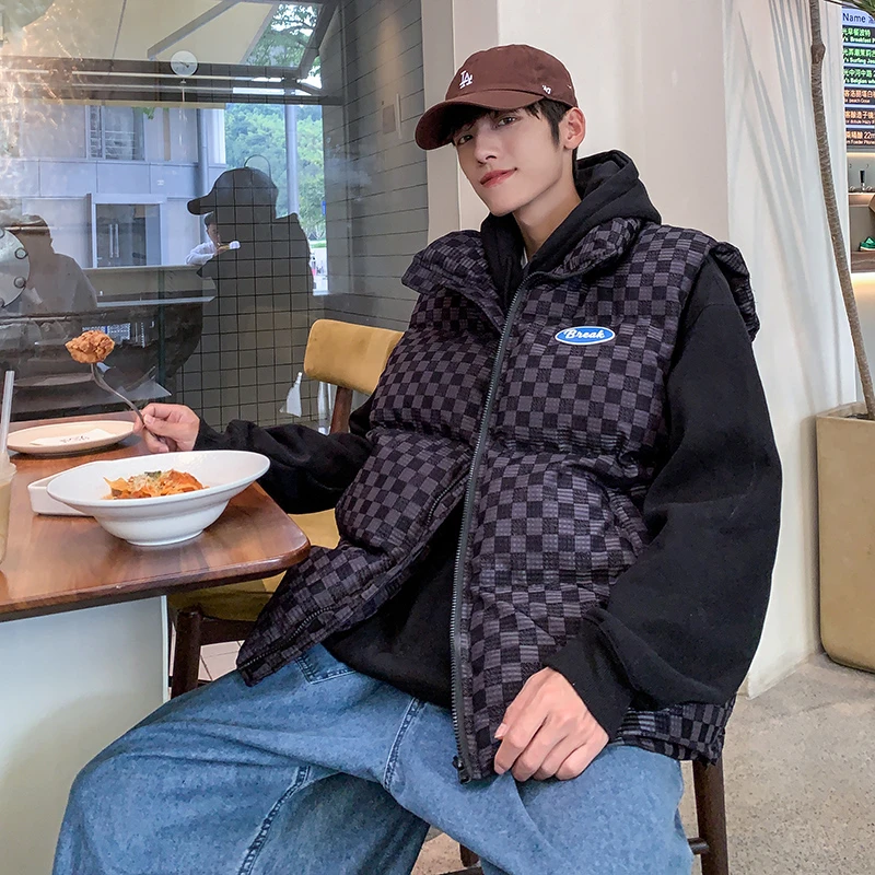 男款棋盘格棉马甲情侣冬季百搭加厚潮牌宽松无袖坎肩背心秋冬棉服