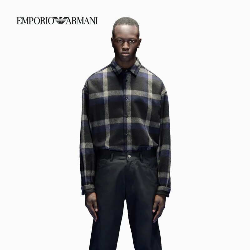 TC-TC-EMPORIO ARMANI/阿玛尼绵羊毛长袖翻领复古格纹单排扣衬衫