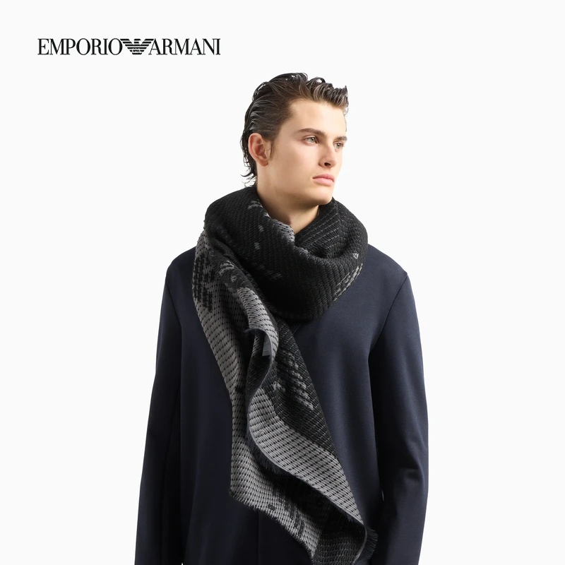 EMPORIO ARMANI/阿玛尼2024秋冬新款男士绵羊毛披肩式提花围巾