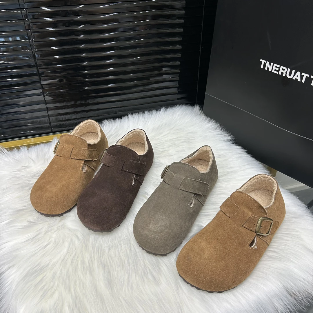 勃肯鞋加绒圆头博肯鞋女一脚蹬单鞋懒人真皮毛毛鞋复古勃肯鞋厚底