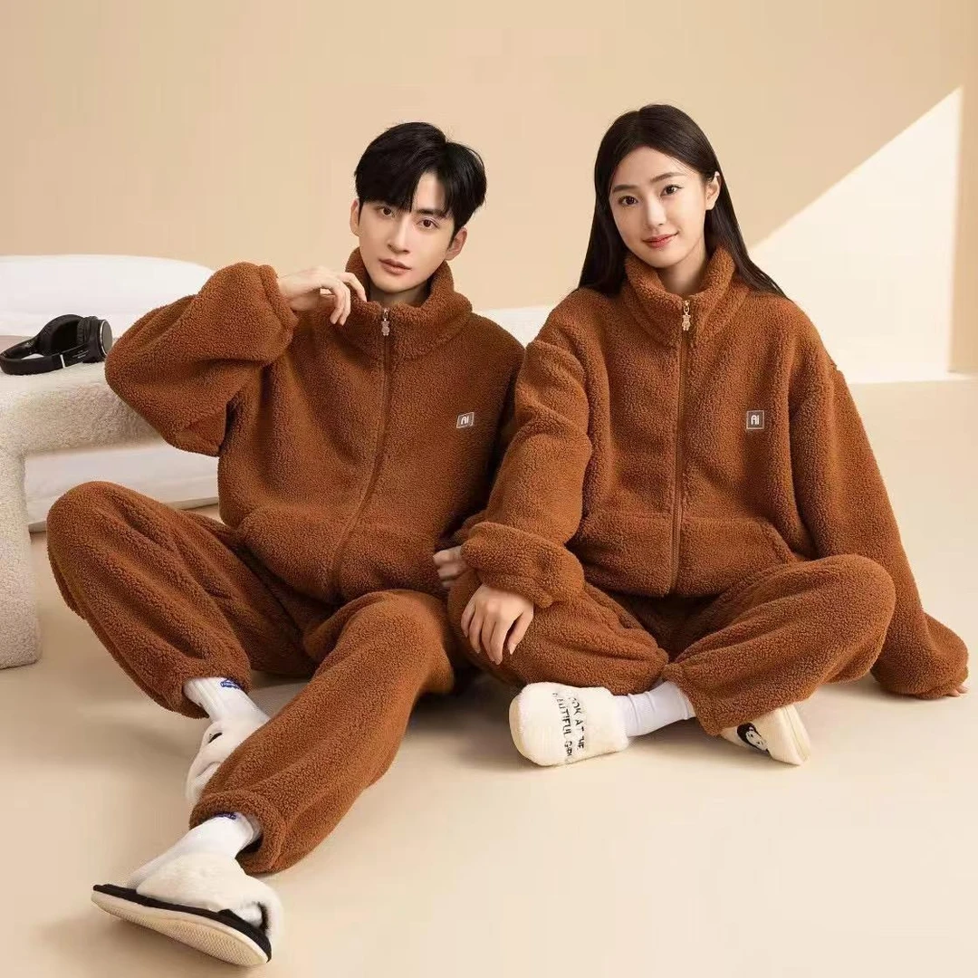 秋冬季睡衣美拉德系男女同款大码立领加绒加厚北羔绒可外穿家居服