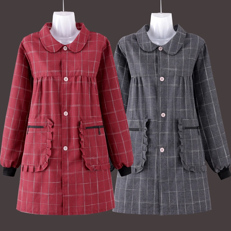 罩衣女外穿纽扣前开衫围裙厨房家用防尘防污拉链兜长袖干活工作服