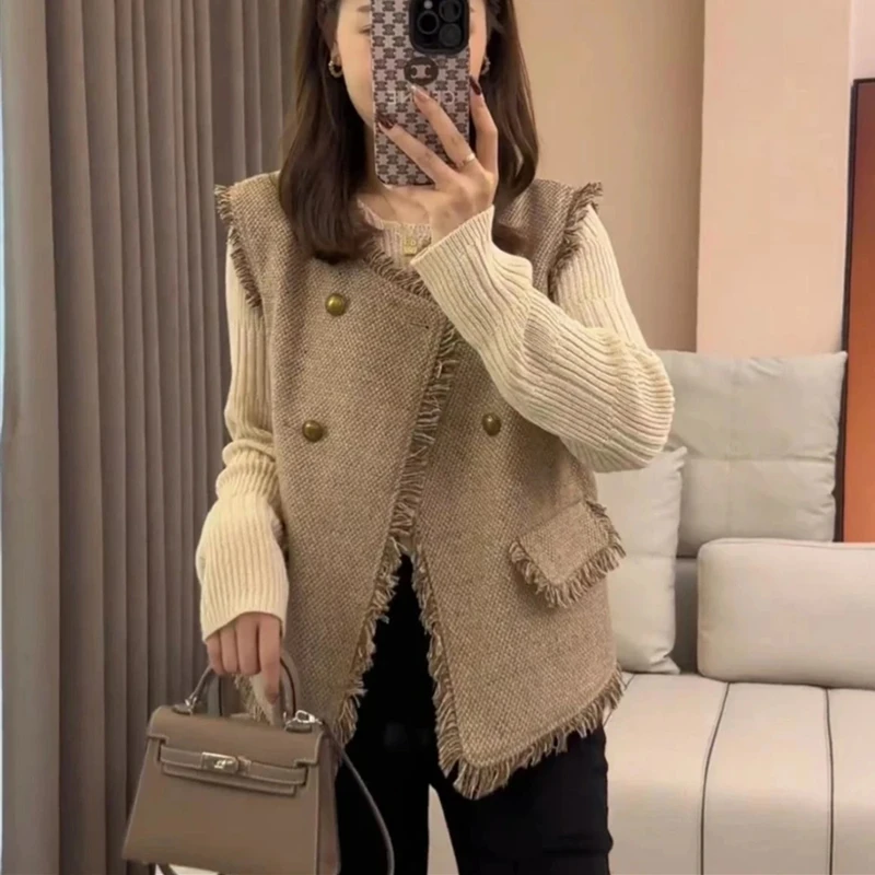 【小沫家】韩版复古流苏小香风马甲女秋季新款气质百搭马夹开衫外套