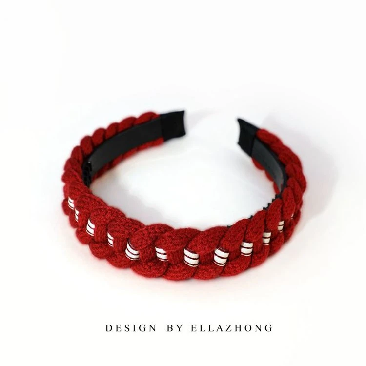 原创酒红色编织发箍头箍带齿小众个性度假发卡复古显白发饰头饰