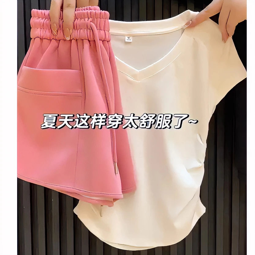 2023夏季新款时尚修身洋气时髦运动高级感白色T恤粉色短裤两件套