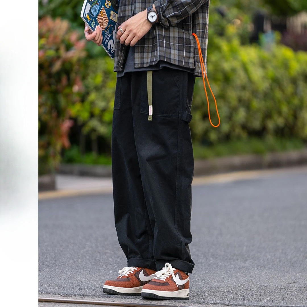 日系工装裤男潮牌宽松直筒纯色休闲长裤男士口袋抽绳哈伦阔腿裤