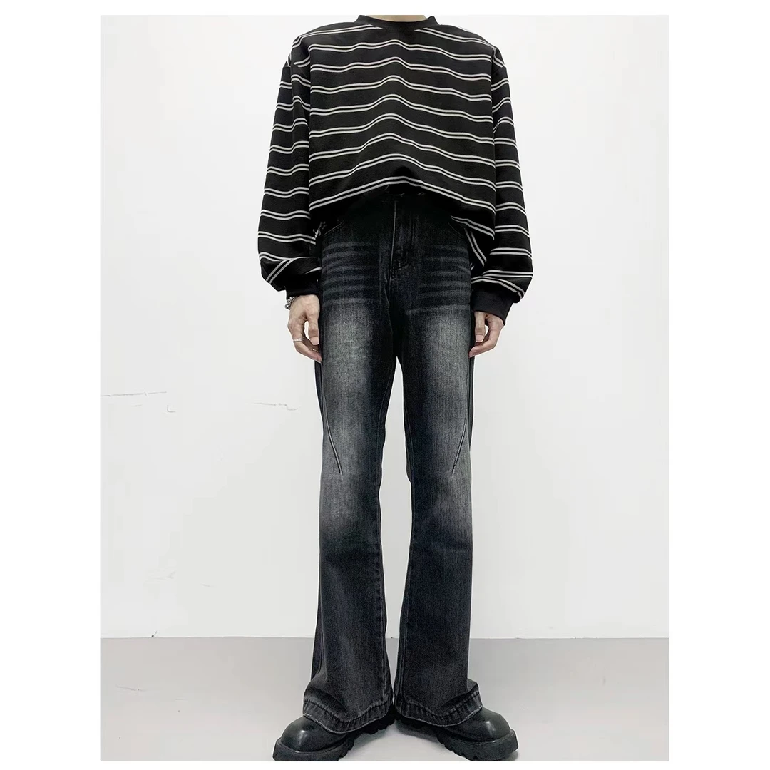 复古黑色微喇牛仔裤男2023新款春秋款宽松阔腿高级美式牛仔裤显瘦