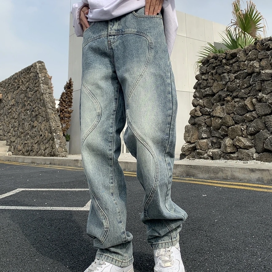 高街美式复古做旧水洗拼接牛仔裤男女宽松直美式牛仔裤潮大码直筒