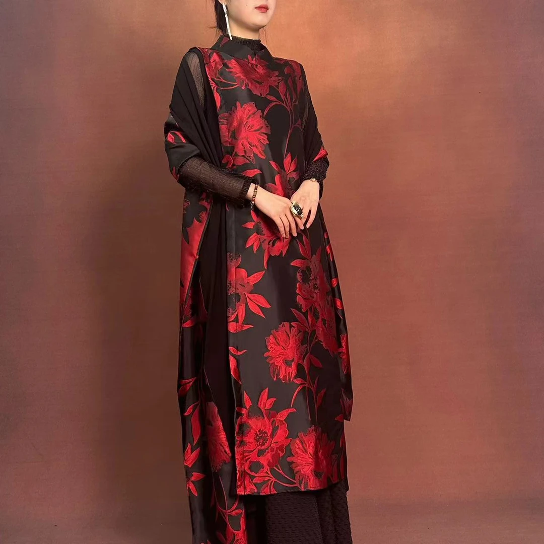 【大海轻奢】L24098新款酒红刺绣设计师款时尚旗袍