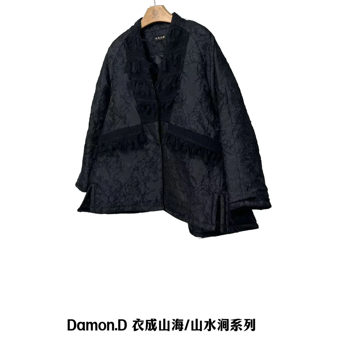 【双十一来了】W1886新款蕾丝花边黑色宽松刺绣短款廓版棉服