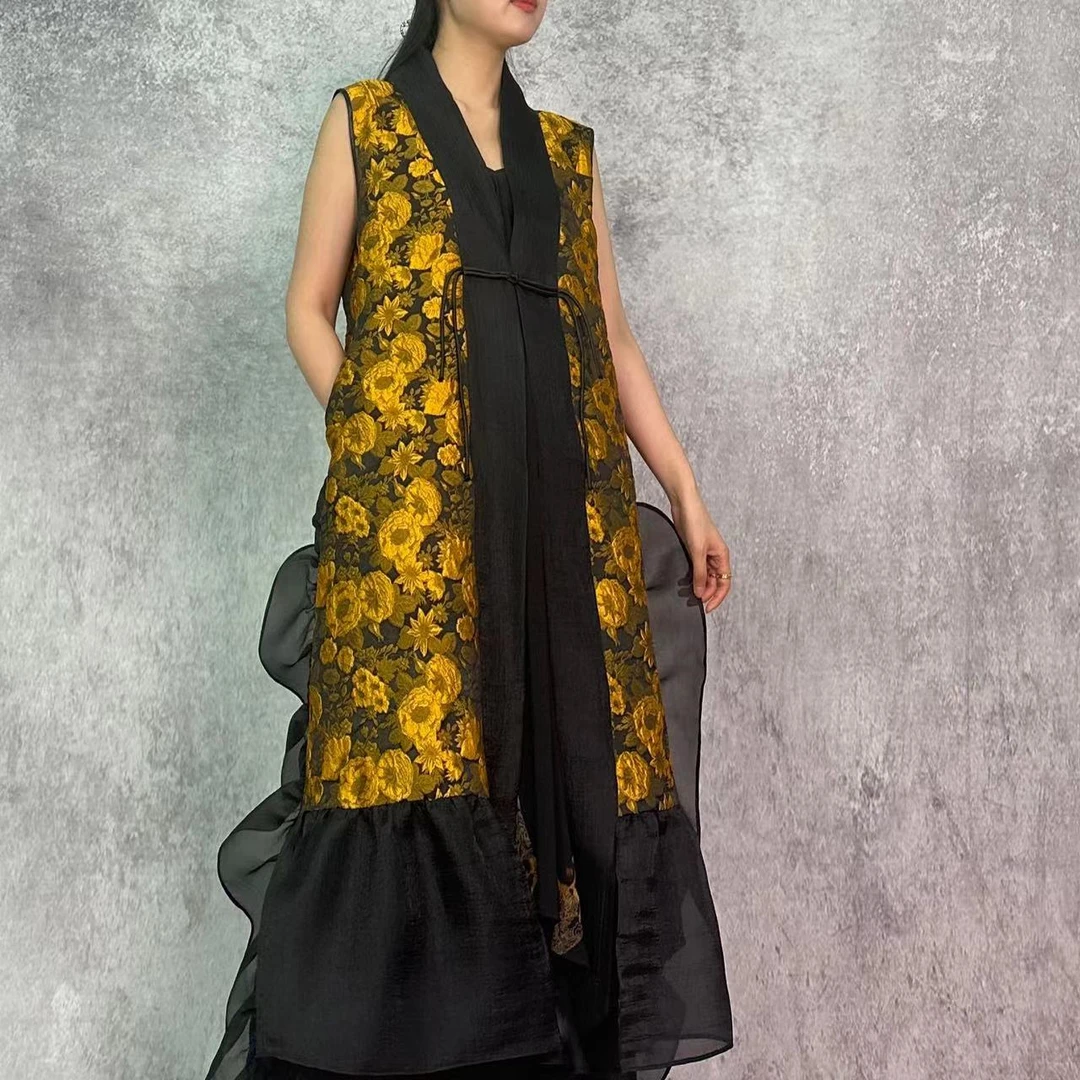 【大海轻奢】BF32461新款黄花刺绣拼纱国风百搭设计师时尚无袖外披