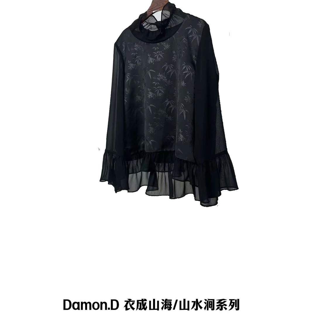 【大海轻奢】L1894新款枫叶暗影提花黑色下摆花朵袖子设计师上衣