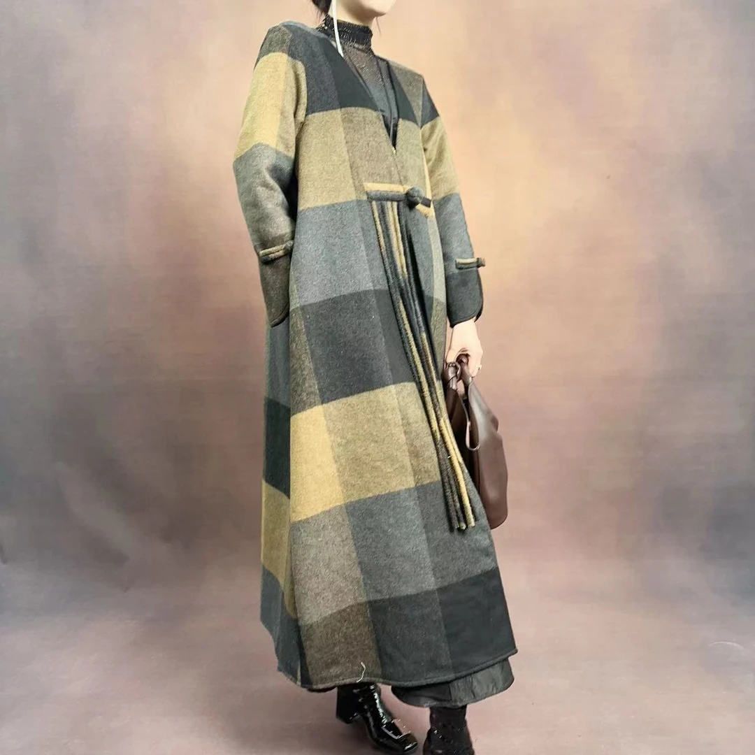 【大海轻奢】W23730咖色格子盘扣大衣