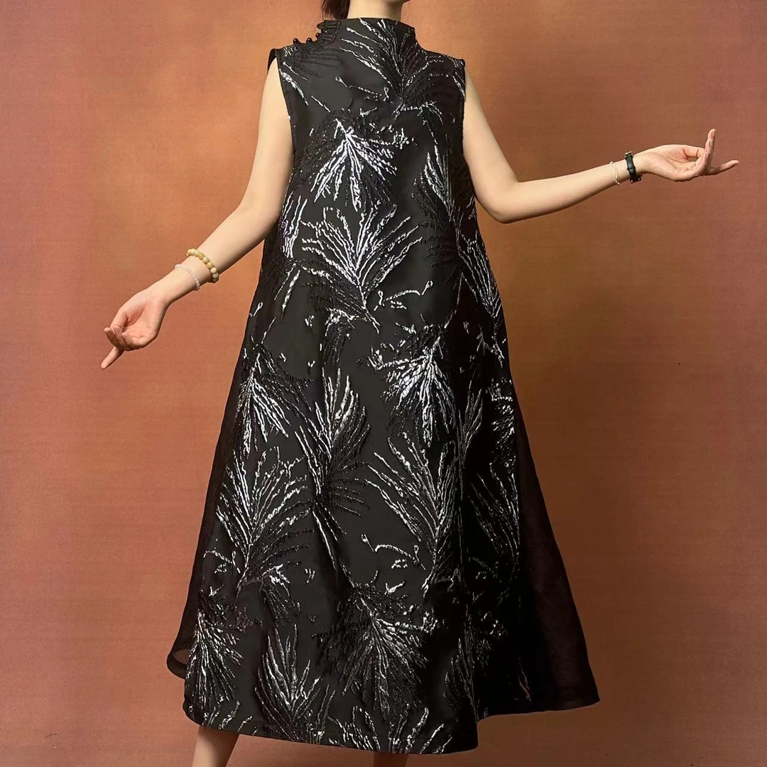 【山海轻奢】L1685新款银黑色刺绣盘扣夏季宽松设计师款时尚旗袍