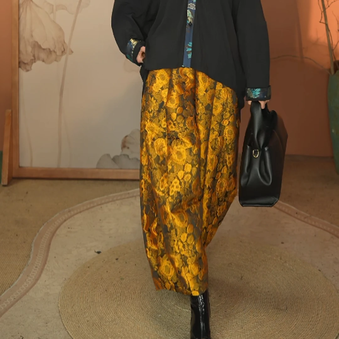 【大海轻奢新中式】BF32828冬季百搭提花刺绣松紧腰保暖宽松茧型裤