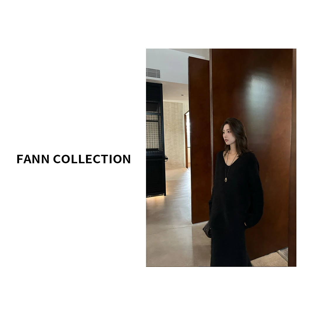 饭饭FANN COLLECTION 黑松露 羊驼慵懒风宽松V领毛衣FANNA100