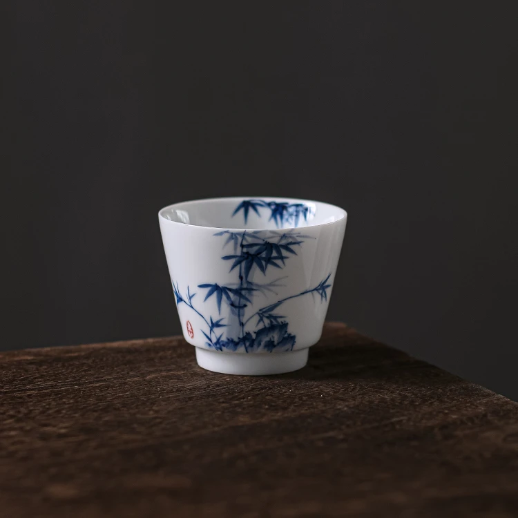 【三钰堂】手绘品竹主人杯马蹄杯120ml釉下彩品茗杯