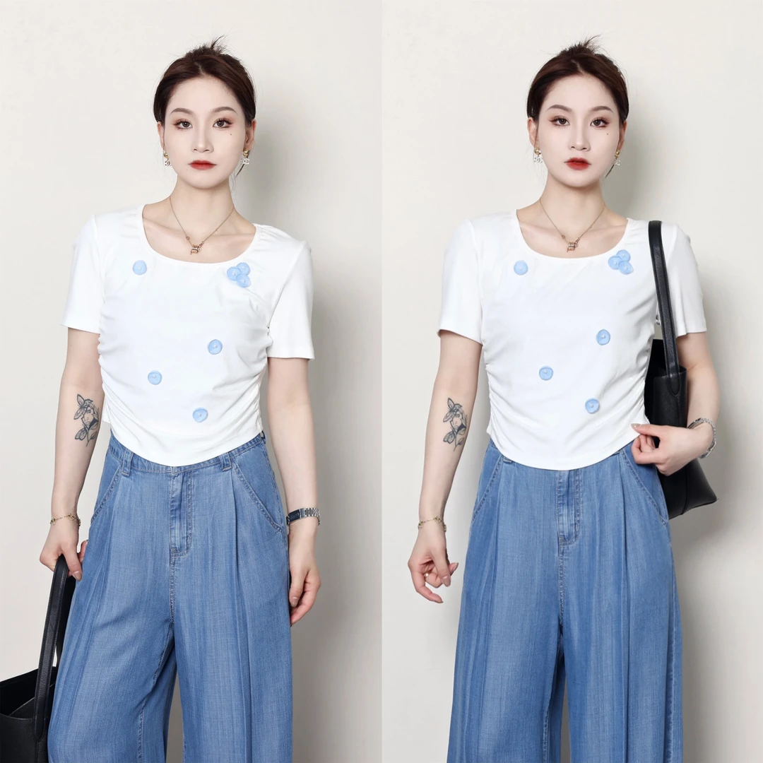 qc 噜噜【花未眠】微胖大码女夏立体花朵显瘦藏肉T恤ZY406H23