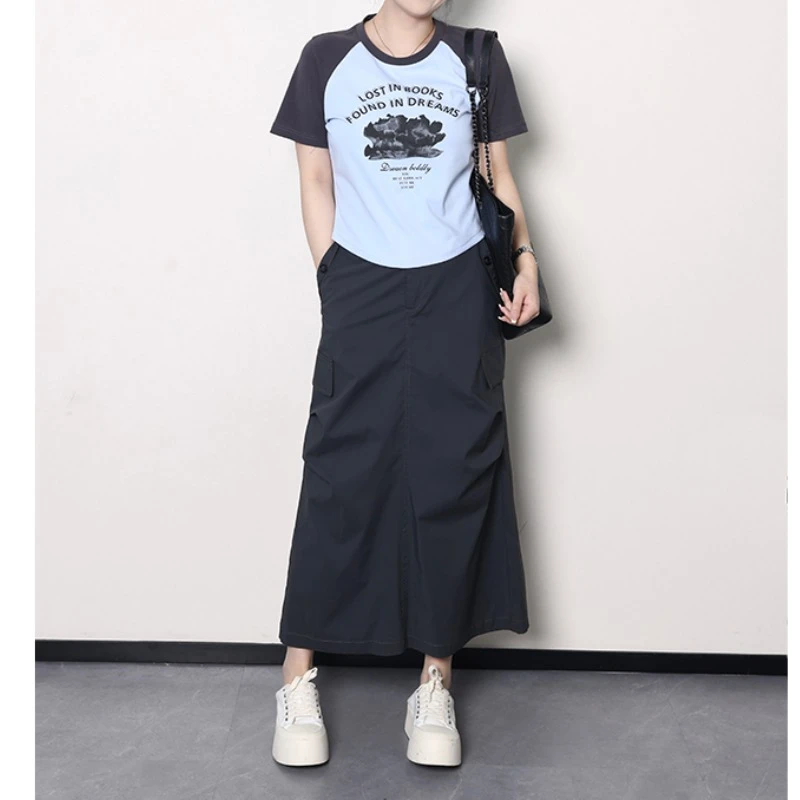 QC噜噜【甜酷少女】微胖大码女夏撞色T恤+工装半身裙套装ZY405Q82