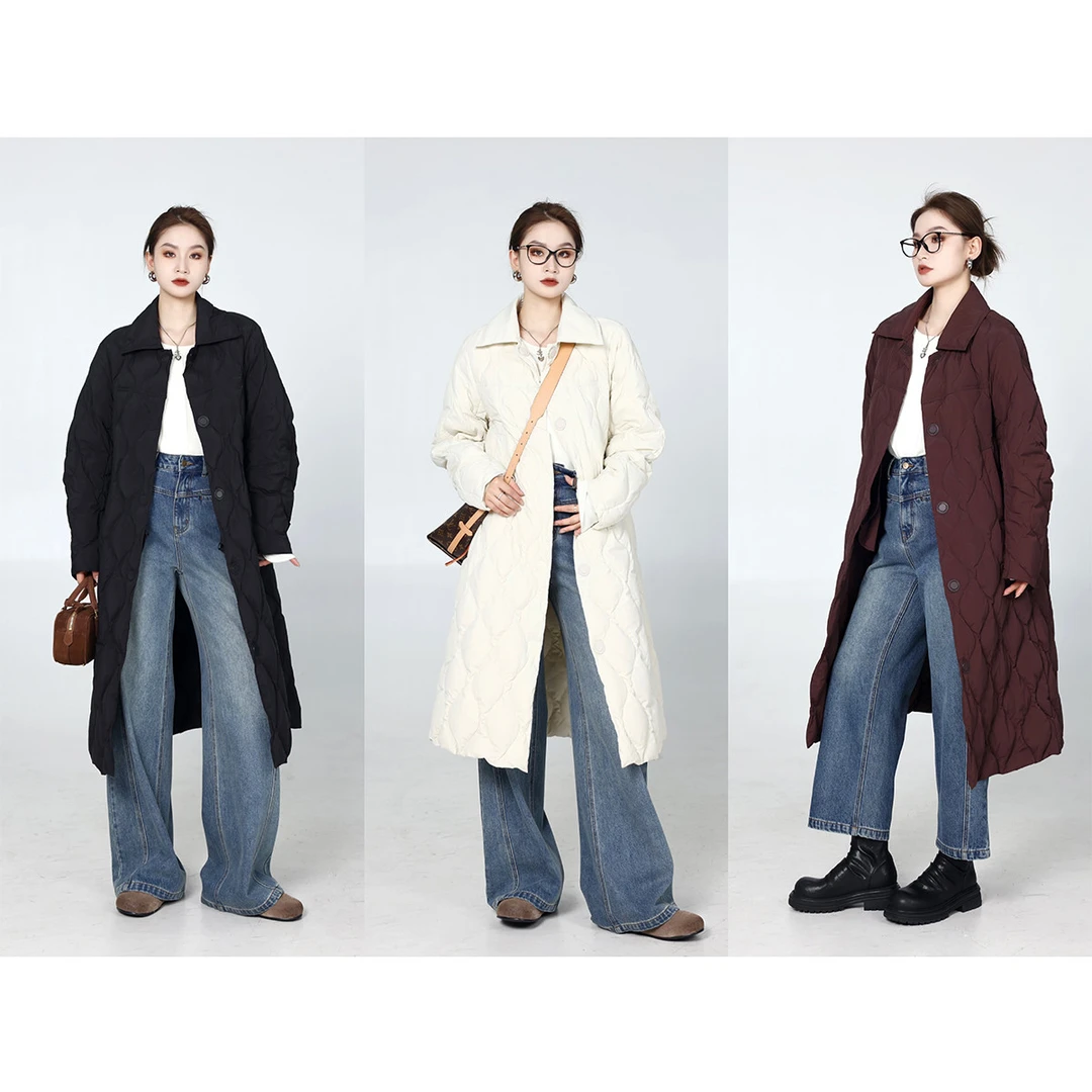 噜噜【围炉听雪】微胖大码冬时尚翻领轻薄长款羽绒服女ZY408K25