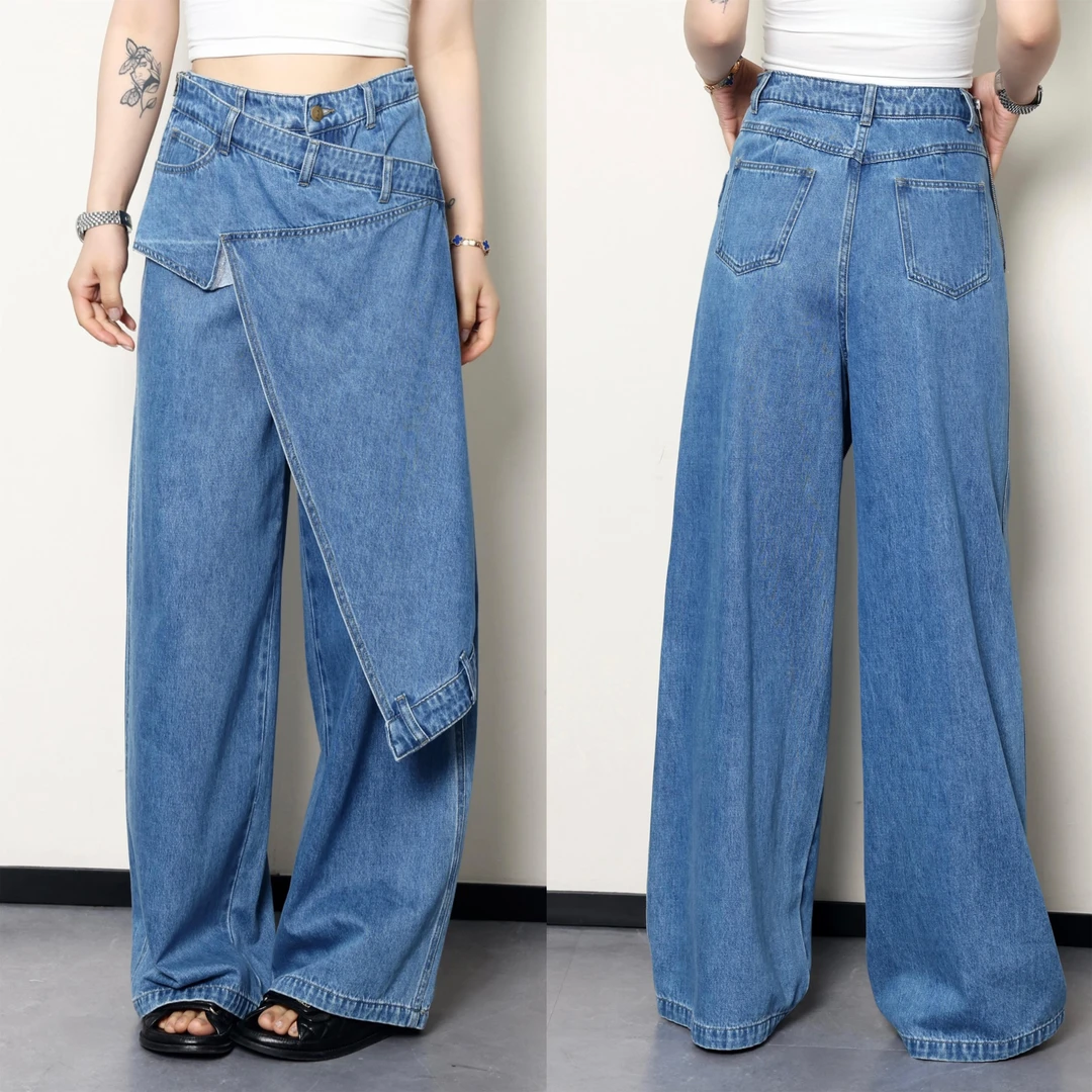 QC噜噜【多面魅力】微胖大码女装秋休闲设计感解构牛仔裤ZY408H63