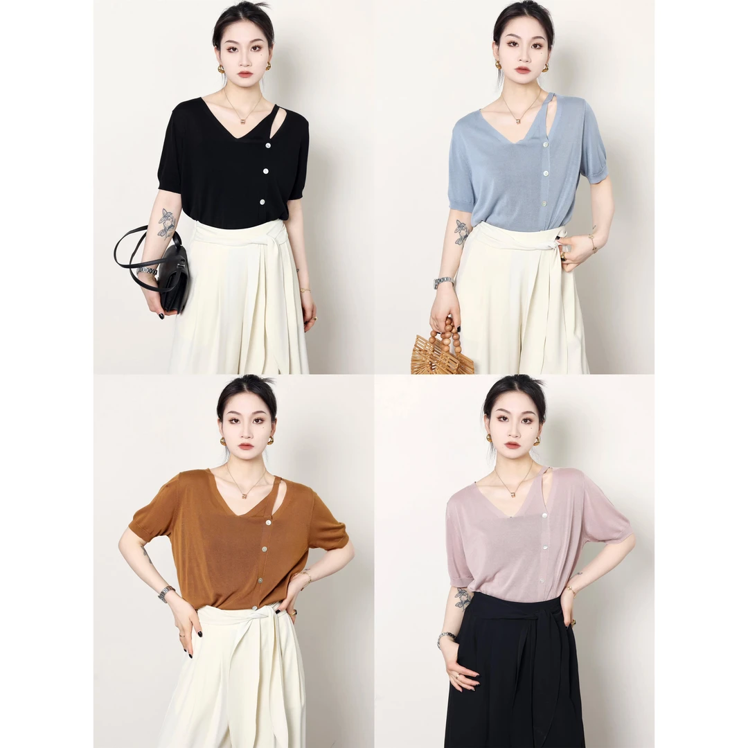 QC噜噜【素色心情】微胖大码女夏设计感V领短袖针织衫ZY402L16