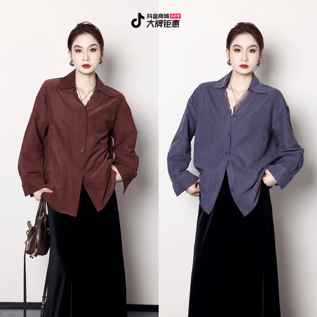 噜噜【绒雾衬衫】微胖大码女冬季复古优雅蕾丝长袖衬衫ZY412H01