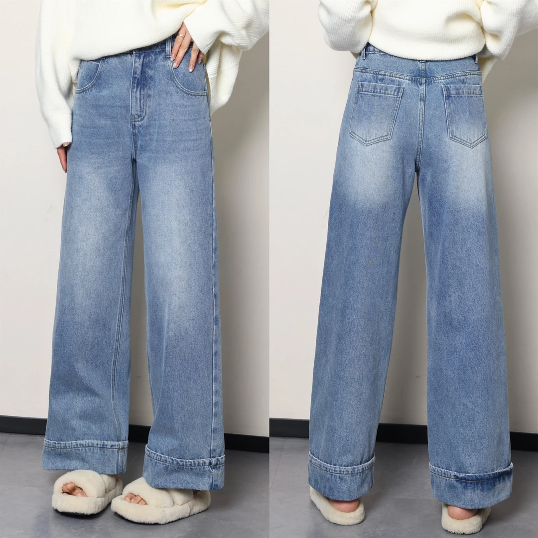 QC噜噜【丹宁都市】微胖大码女装秋冬时尚百搭磨毛牛仔裤ZY409H20