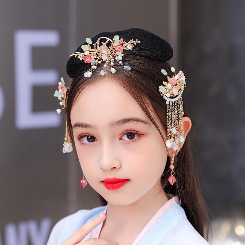 儿童汉服古装头饰女童古风发夹发饰流苏步摇小女孩中国风发卡头花