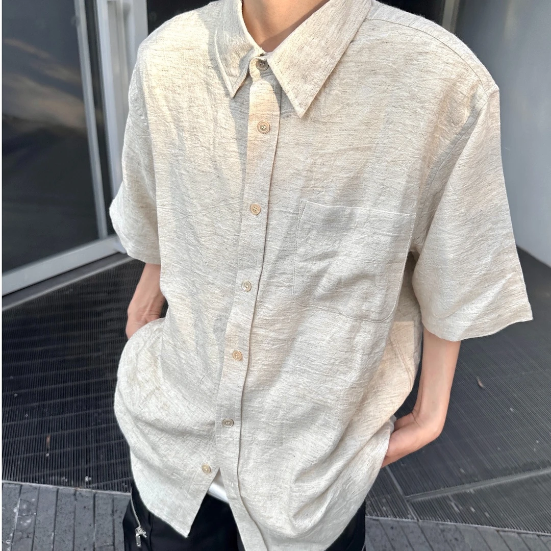 ASMR SATISFY(U) "贵公子"棉麻肌理慵懒度假休闲米白短袖衬衫衬衣