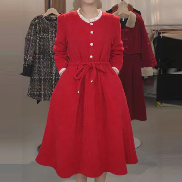 L739新款气质时尚法式长袖连衣裙女2024秋冬收腰显瘦中长款裙子女