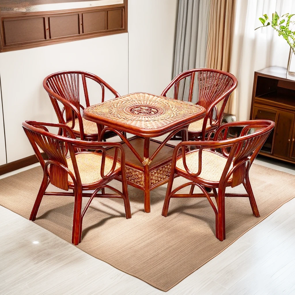 红色藤椅茶几三五件组合套真藤阳台桌椅家用室外雕花结构酒店客厅