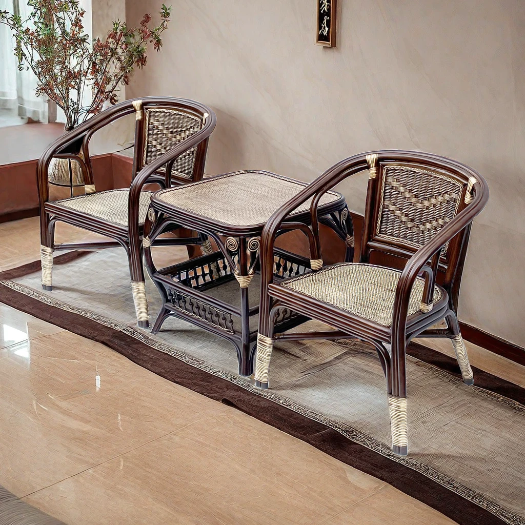 藤椅茶几三五件组合套真藤阳台桌椅家用室外雕花结构酒店客厅单人