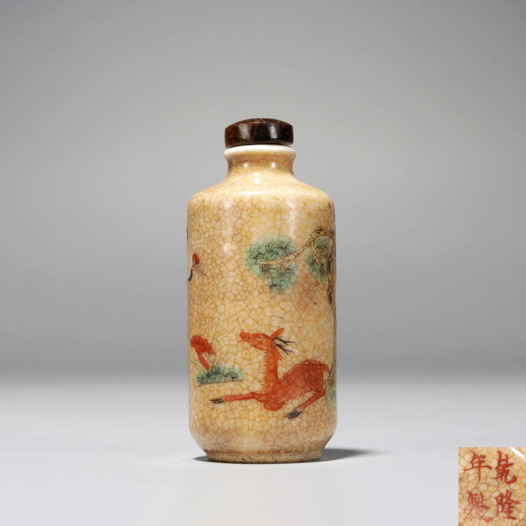 1071 清晚期 哥釉粉彩鹤鹿同春纹鼻烟壶