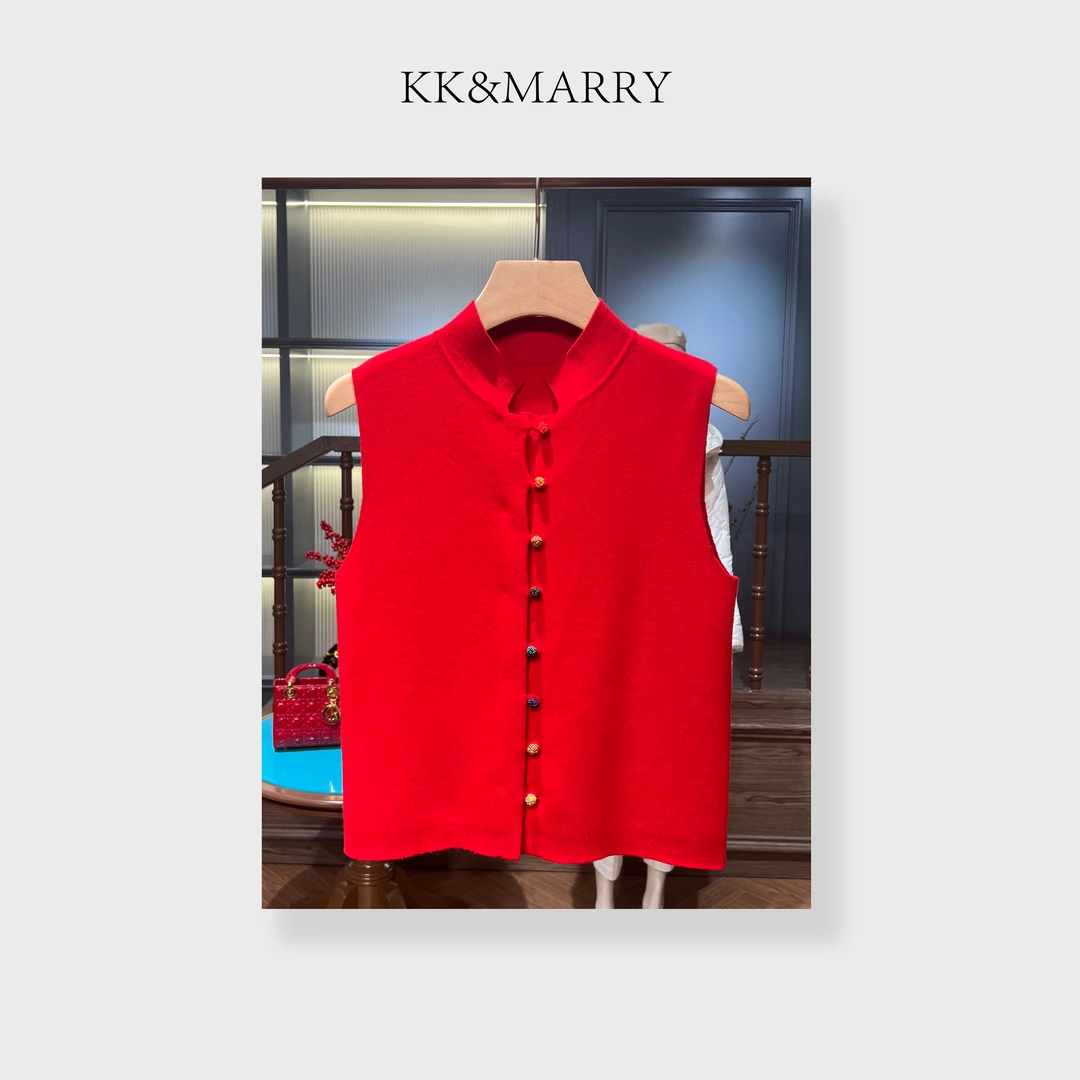KK&MERRY（大红袍）精纺新中式双提针织开衫女24纯羊毛背心CLDD166