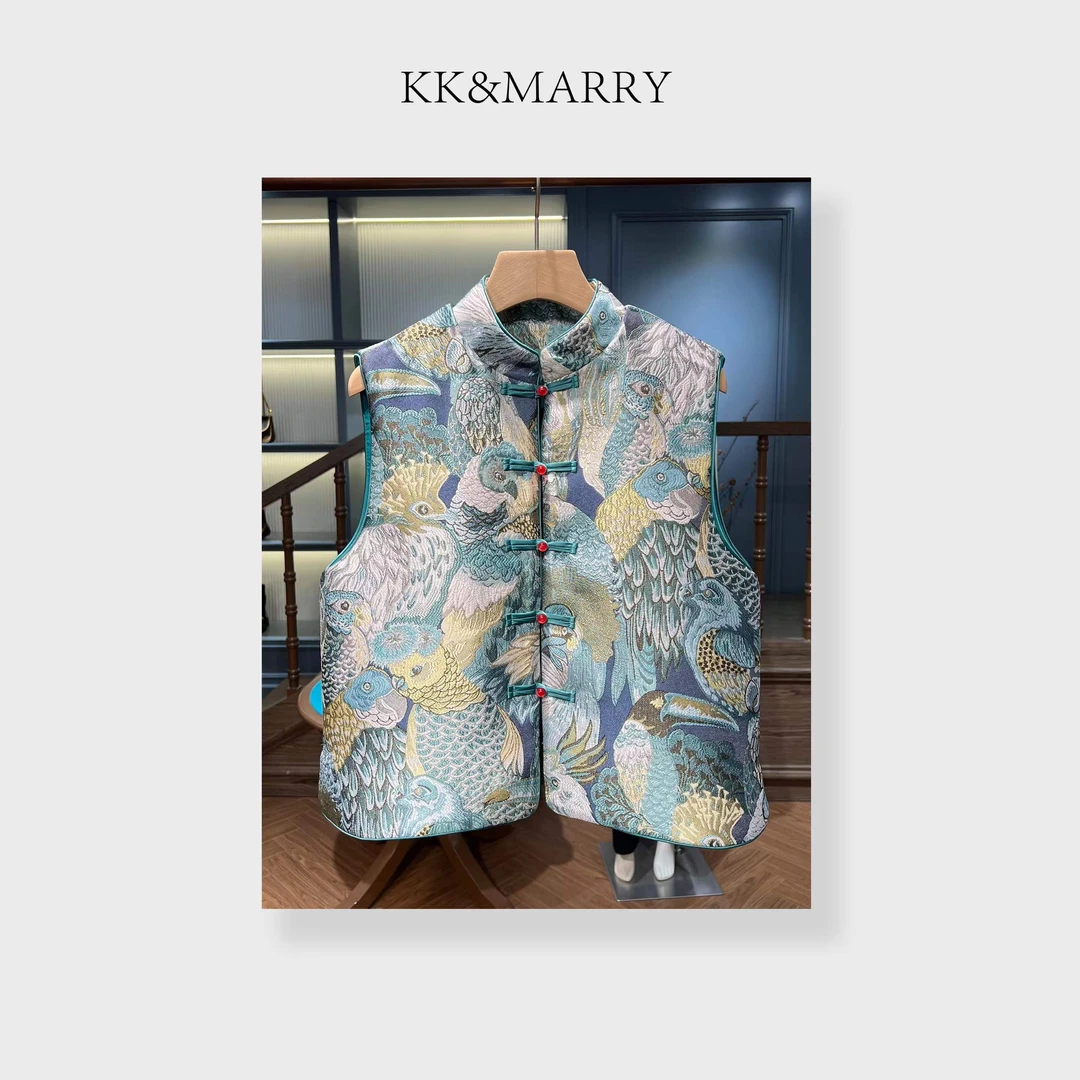 KK&MERRY（蓝鹰）新中式国风复古领刺绣提花马甲背心外套KKDD185
