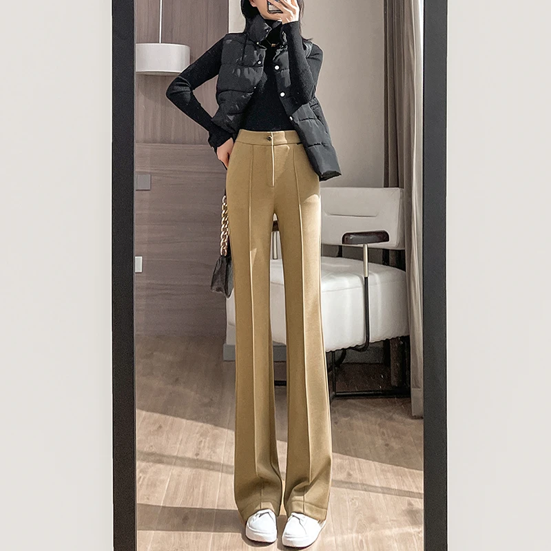 毛呢西装喇叭裤女高腰显瘦2023新款垂感中缝加厚毛呢微喇裤女秋冬