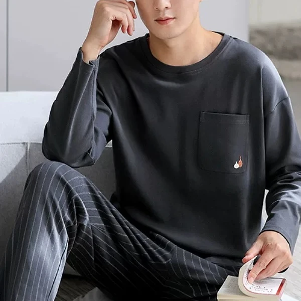 春秋款长袖长裤纯棉大码宽松睡衣男圆领时尚休闲可外穿家居服套装